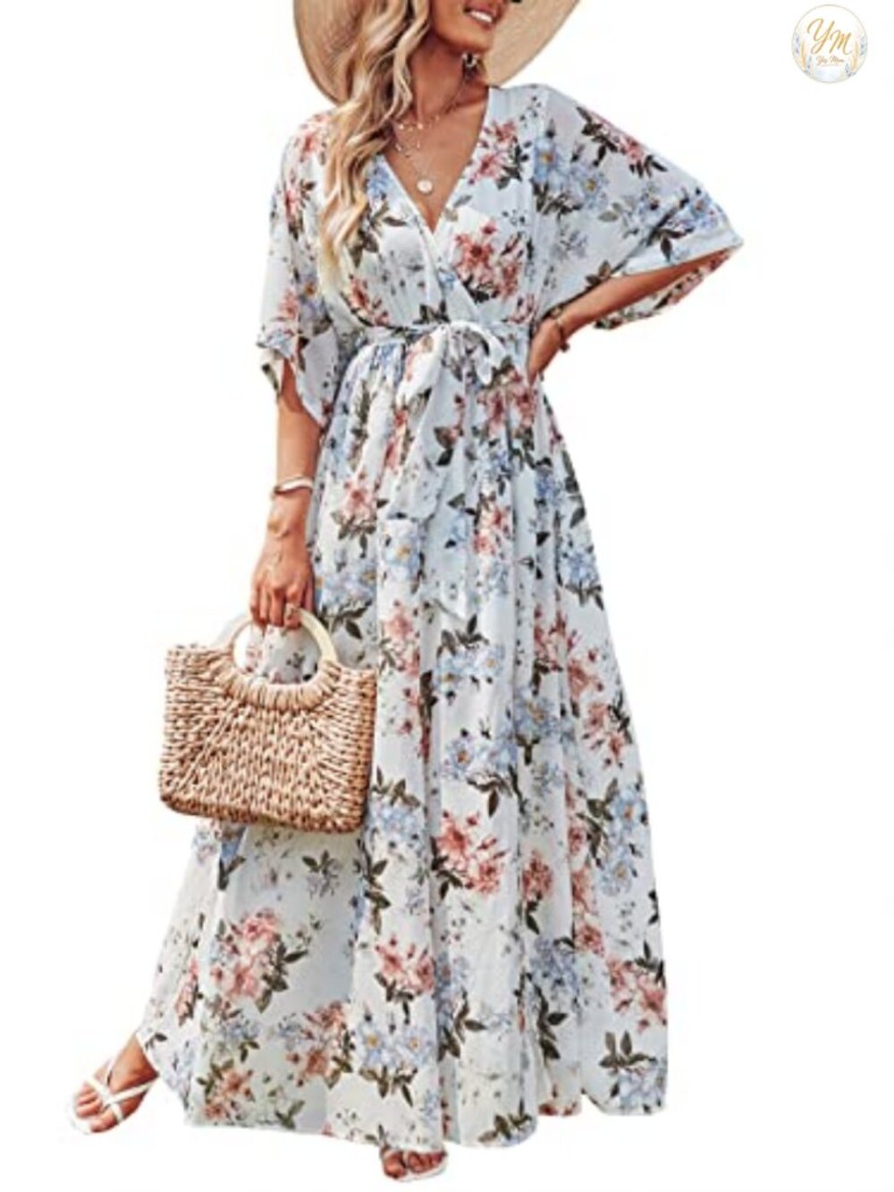 Flowy A-Line Chiffon Maxi Dress with Slit, V-Neck Wrap Elastic Waist, Boho